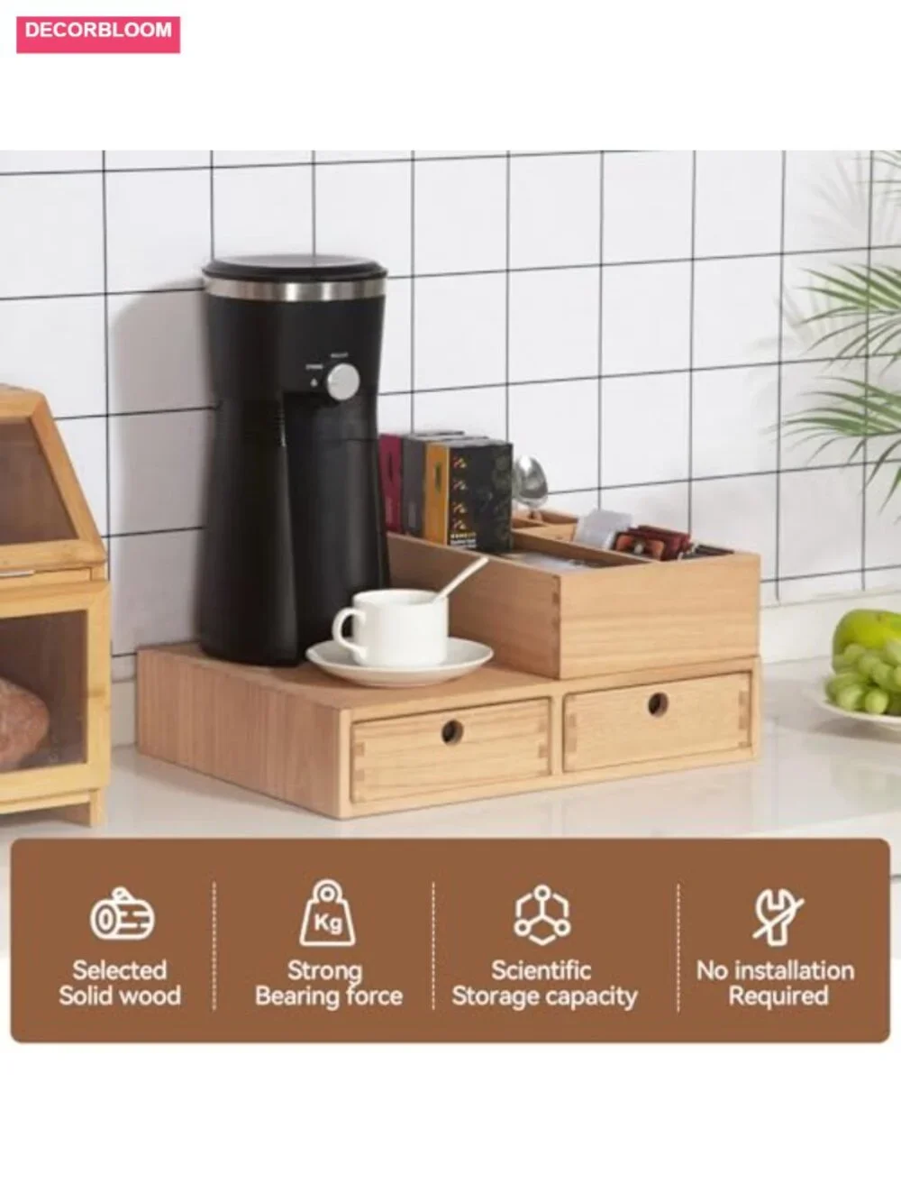 Solid Wood Coffee Station Organizer 2 Piece Set Pod Holder 40+ Capacity Drawers